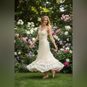 RARE 1970s Ivory Lace Prairie Maxi Dress Cottagecore Bridal SZ 44/US 10 Vintage